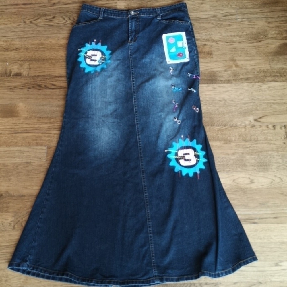 Long Distressed Grafitti Denim Mermaid Skirt Large